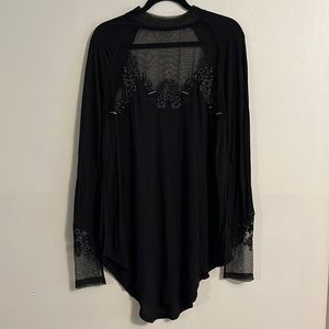 Free People Black Top with mesh mock neck and embroidery